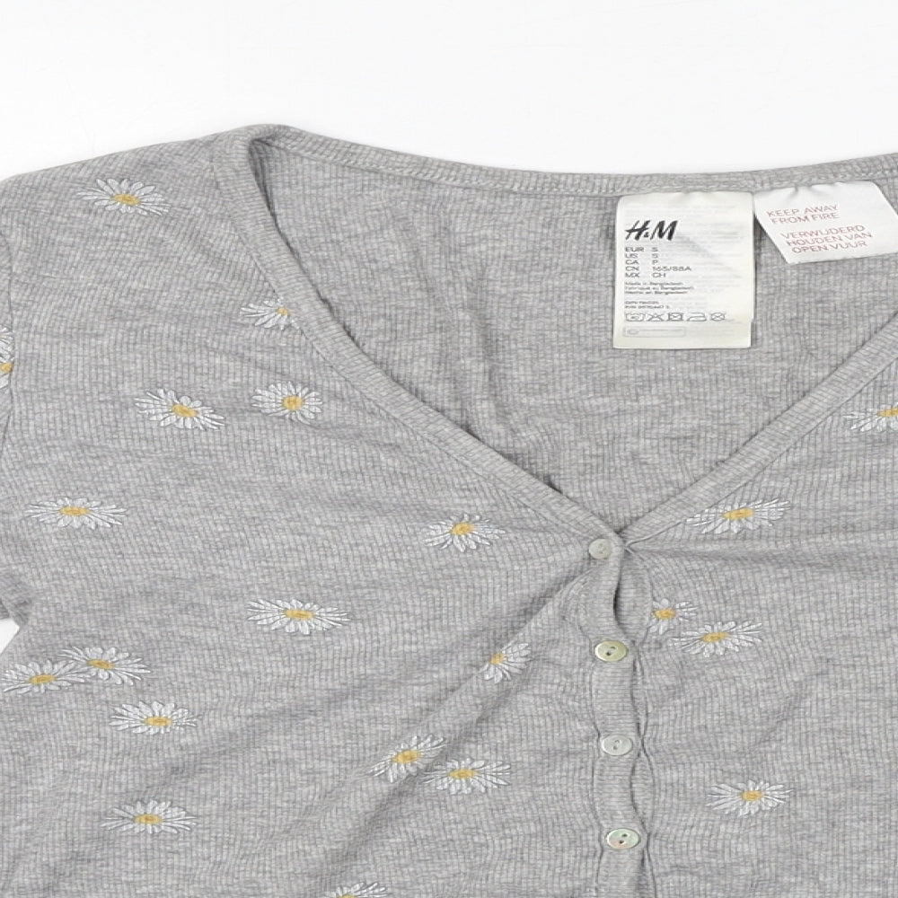 H&M Womens Grey V-Neck Floral Cotton Cardigan Jumper Size S