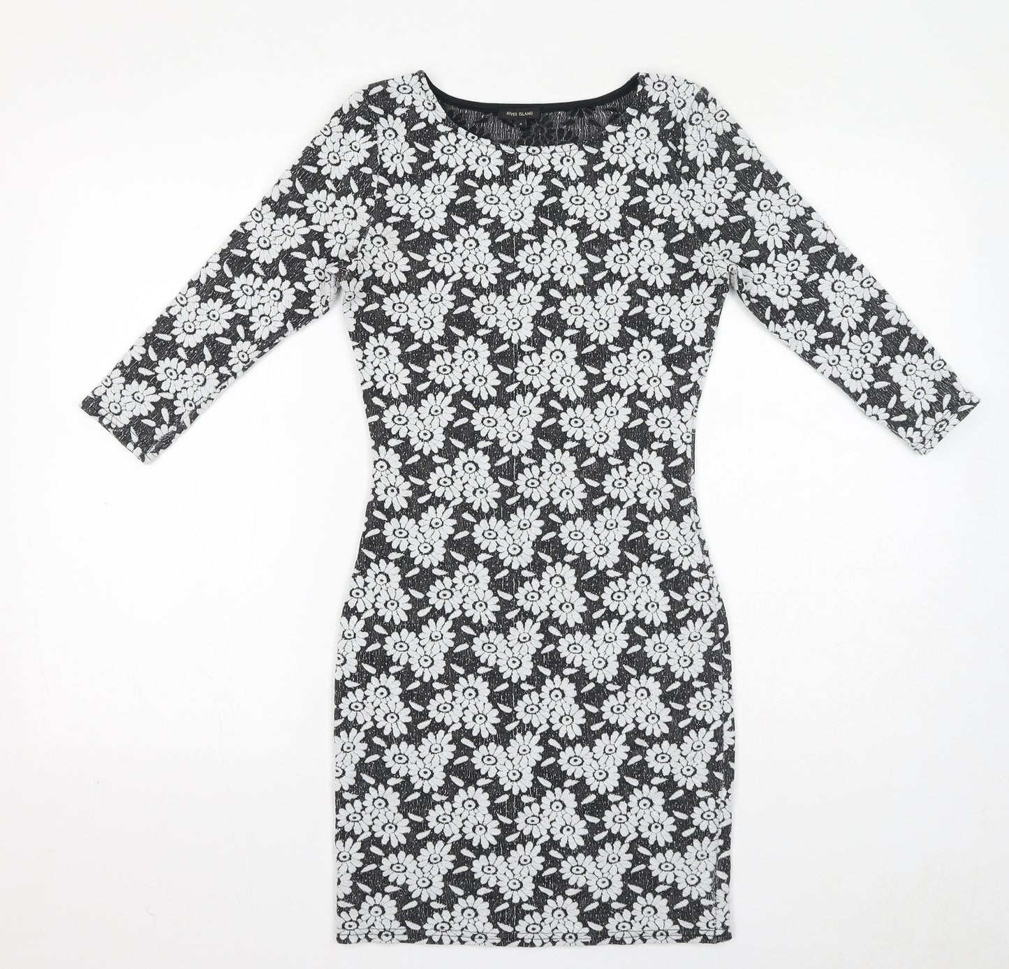 River Island Womens Black Floral Polyester Bodycon Size 6 Boat Neck Pullover