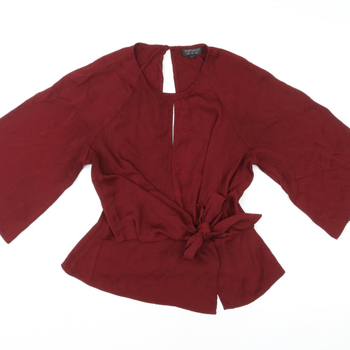Topshop Womens Red Polyester Basic Blouse Size 8 Round Neck - Tie Front Detail