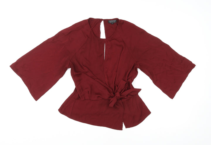 Topshop Womens Red Polyester Basic Blouse Size 8 Round Neck - Tie Front Detail