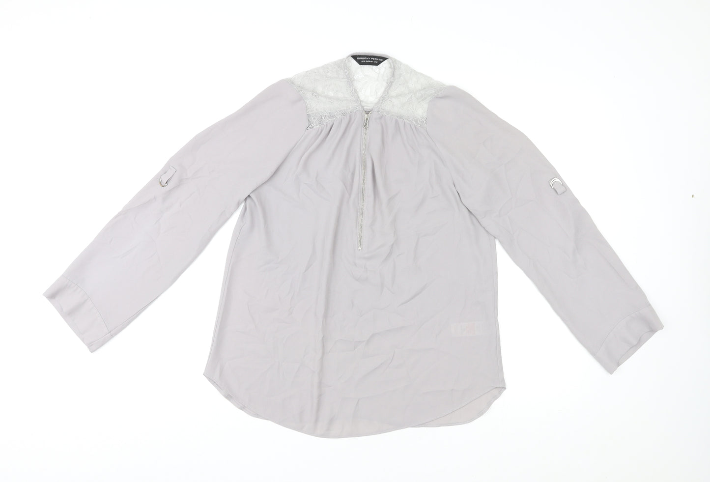 Dorothy Perkins Womens Grey Polyester Basic Blouse Size 12 V-Neck - Lace Trim