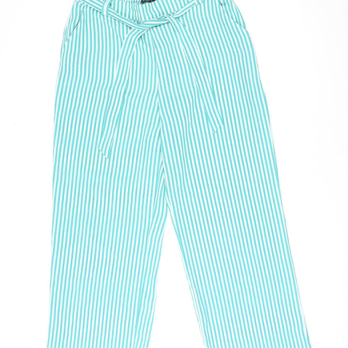 Only Womens Green Striped Polyester Trousers Size 12 L29 in Regular Tie