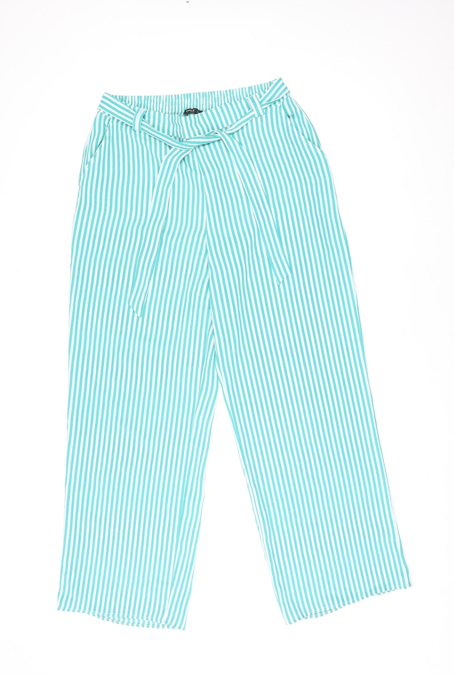 Only Womens Green Striped Polyester Trousers Size 12 L29 in Regular Tie