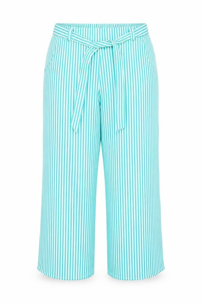 Front view of Only women’s green striped polyester trousers, size UK 12, 29-inch leg regular tie