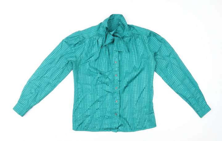 St Michael Womens Green Geometric Polyester Basic Button-Up Size 10 High Neck - Tie Neck Detail