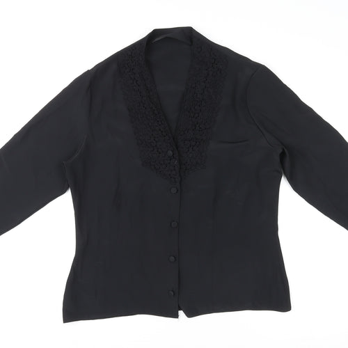 St Michael Womens Black Polyester Basic Button-Up Size 12 V-Neck - Crocheted Lace Detail