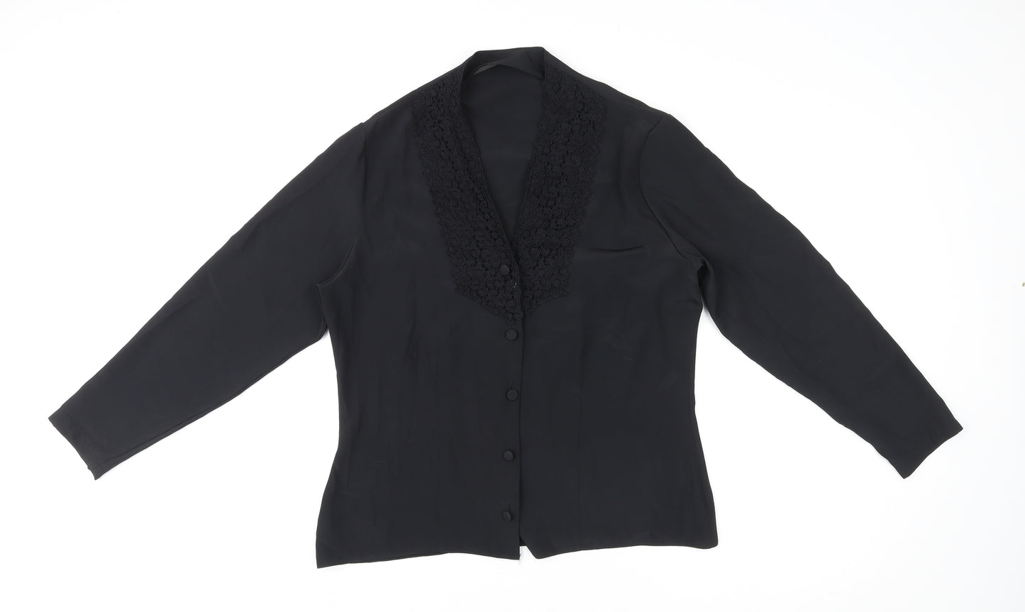 St Michael Womens Black Polyester Basic Button-Up Size 12 V-Neck - Crocheted Lace Detail