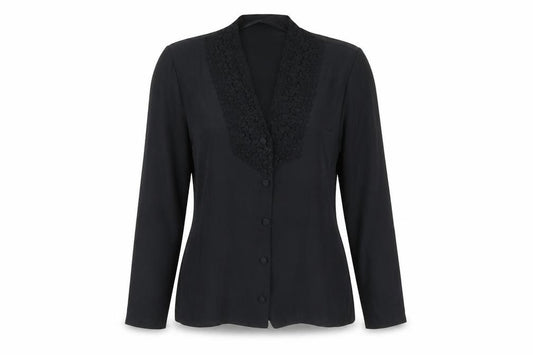 Front view of St Michael women’s black polyester basic button-up, size UK 12, v-neck - crocheted lace detail