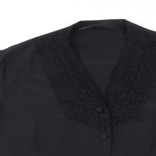 St Michael Womens Black Polyester Basic Button-Up Size 12 V-Neck - Crocheted Lace Detail