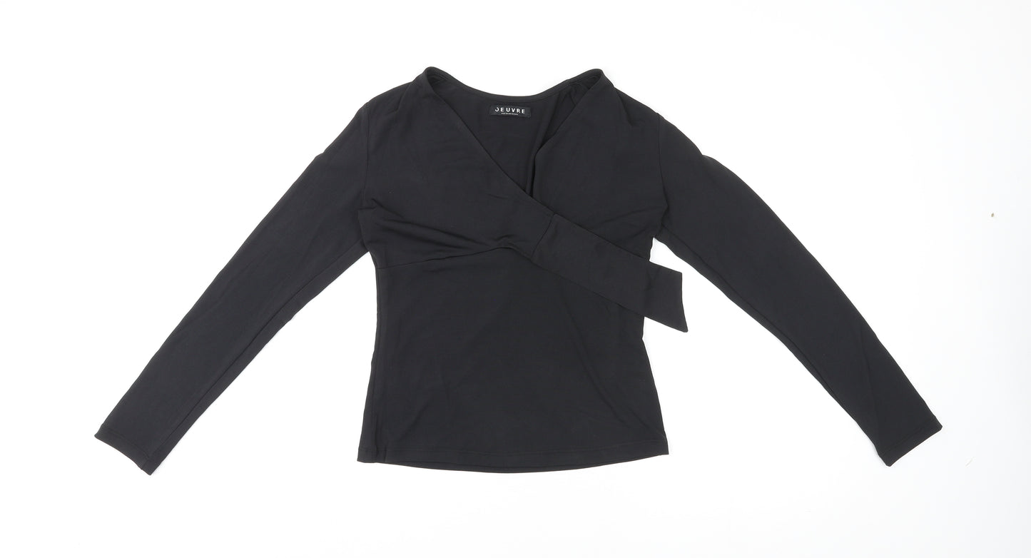 Jeuvre Womens Black Polyester Basic T-Shirt Size 10 V-Neck - Wrap Style