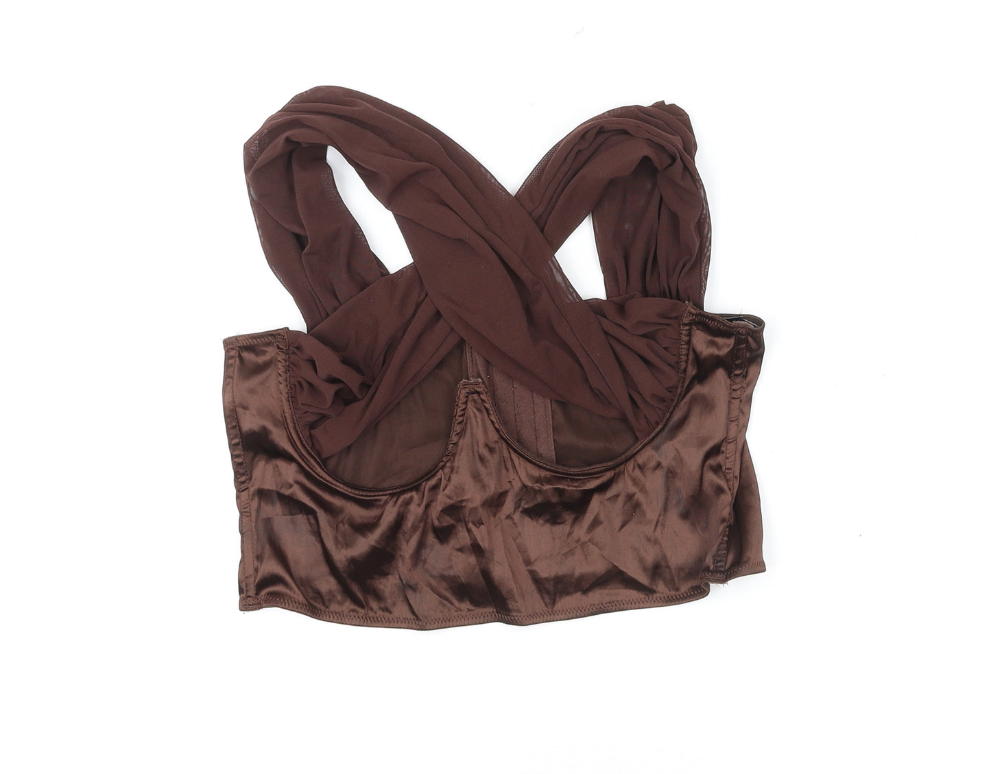 PRETTYLITTLETHING Womens Brown Polyester Cropped Tank Size 12 V-Neck - Corset Style