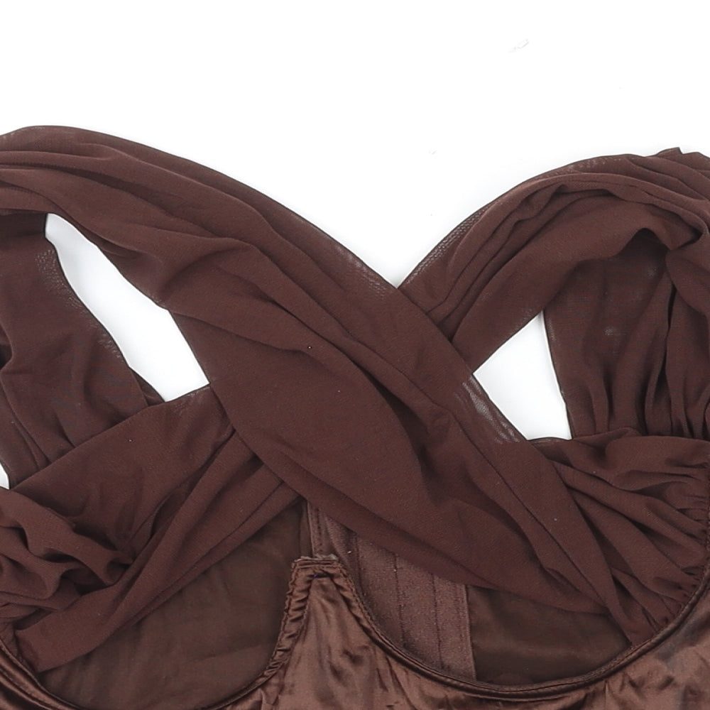 PRETTYLITTLETHING Womens Brown Polyester Cropped Tank Size 12 V-Neck - Corset Style