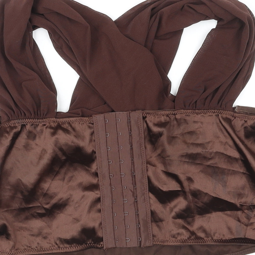 PRETTYLITTLETHING Womens Brown Polyester Cropped Tank Size 12 V-Neck - Corset Style