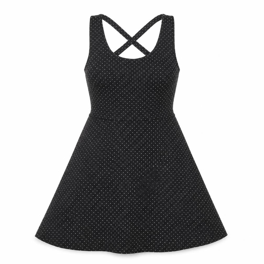 Front view of H&M women’s black polka dot polyester fit & flare, size XS, scoop neck pullover