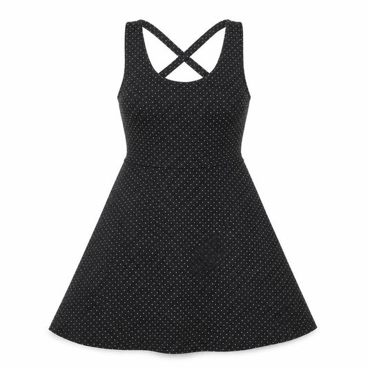 Front view of H&M women’s black polka dot polyester fit & flare, size XS, scoop neck pullover