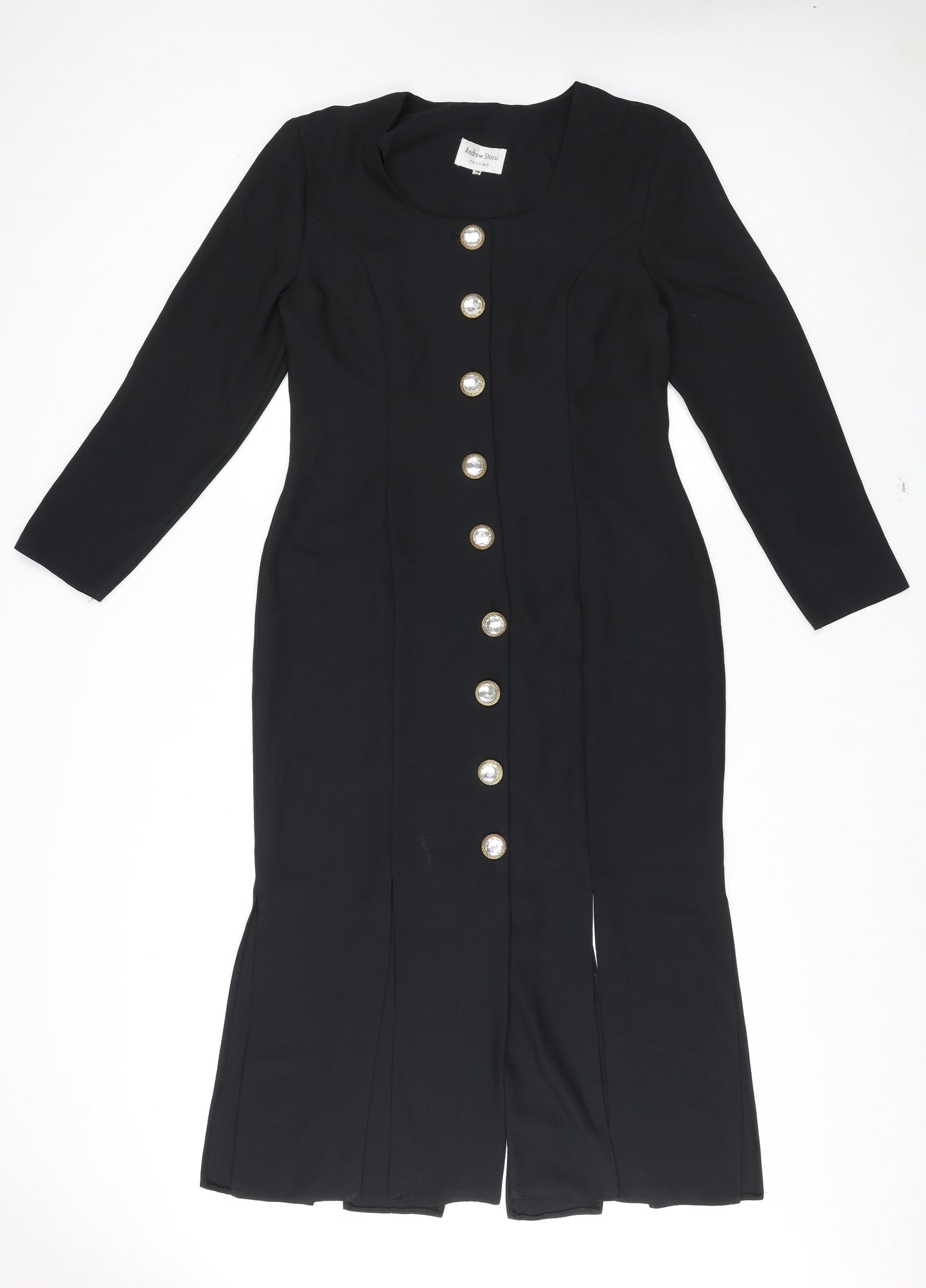 Andrew Stassi Womens Black Polyester A-Line Size 14 Round Neck Button