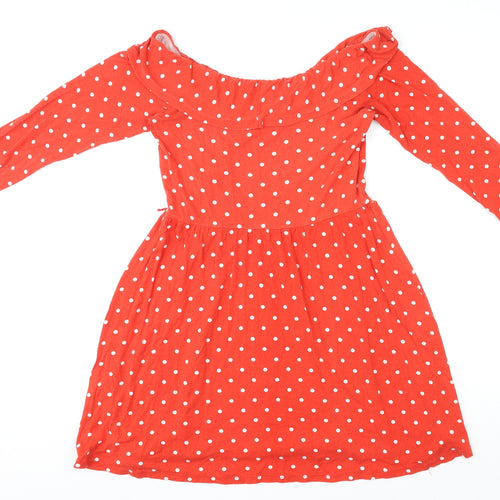 ASOS Womens Red Polka Dot Viscose Skater Dress Size 10 Boat Neck Pullover