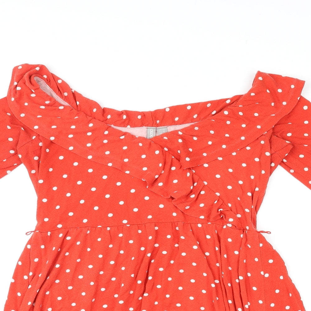 ASOS Womens Red Polka Dot Viscose Skater Dress Size 10 Boat Neck Pullover