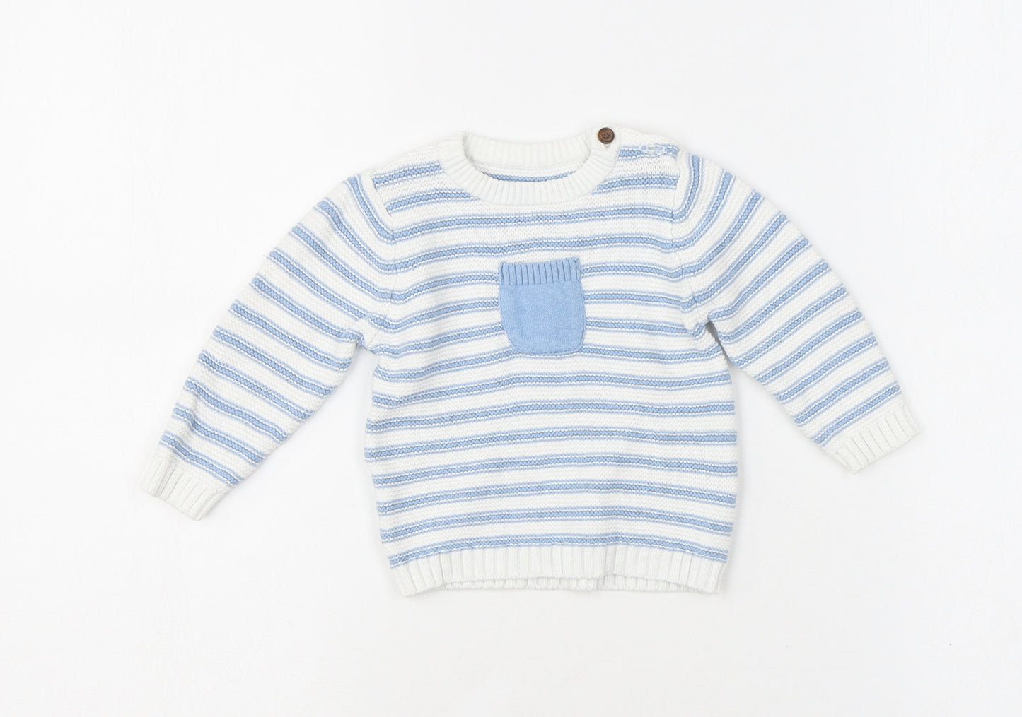 Marks and Spencer Baby Blue Striped 100% Cotton Pullover Jumper Size 3-6 Months Button