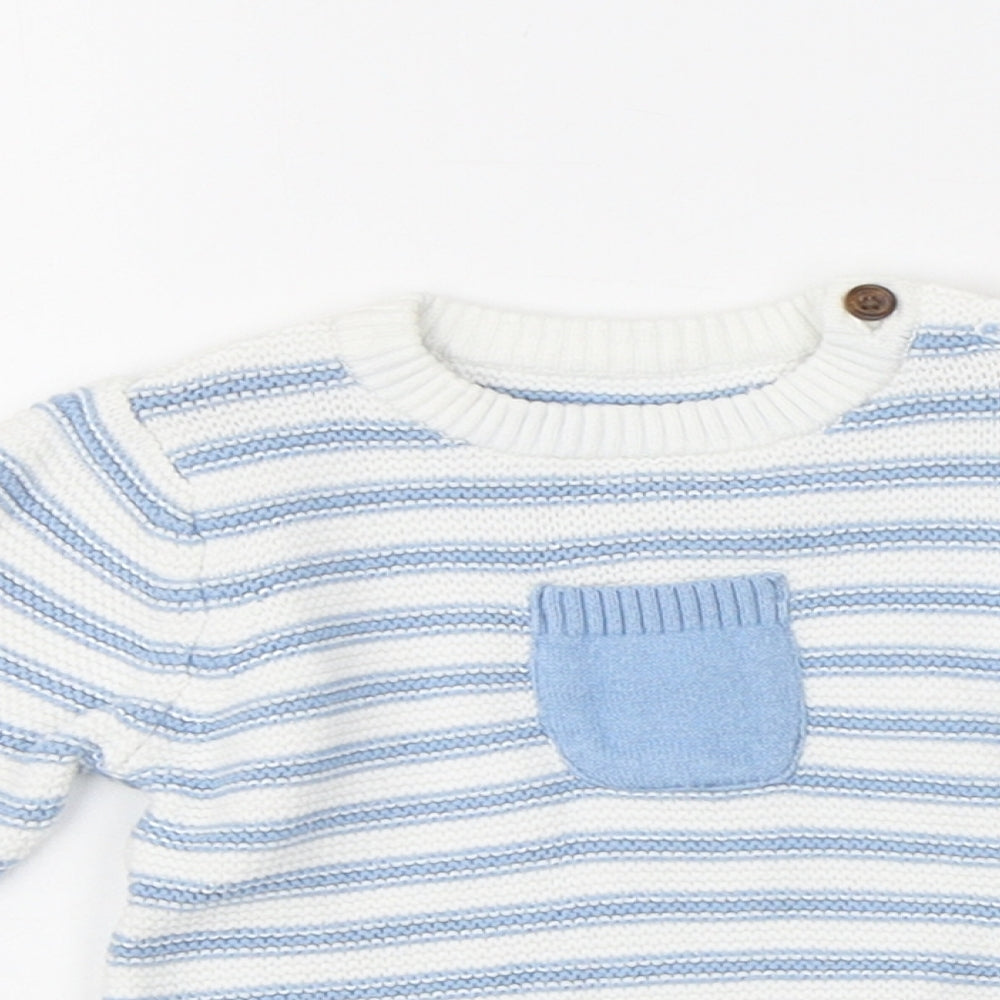 Marks and Spencer Baby Blue Striped 100% Cotton Pullover Jumper Size 3-6 Months Button