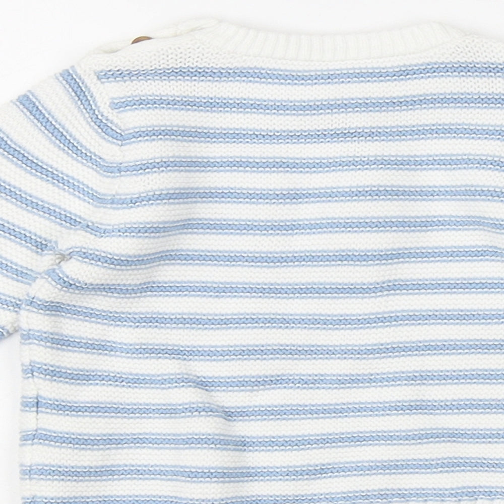 Marks and Spencer Baby Blue Striped 100% Cotton Pullover Jumper Size 3-6 Months Button