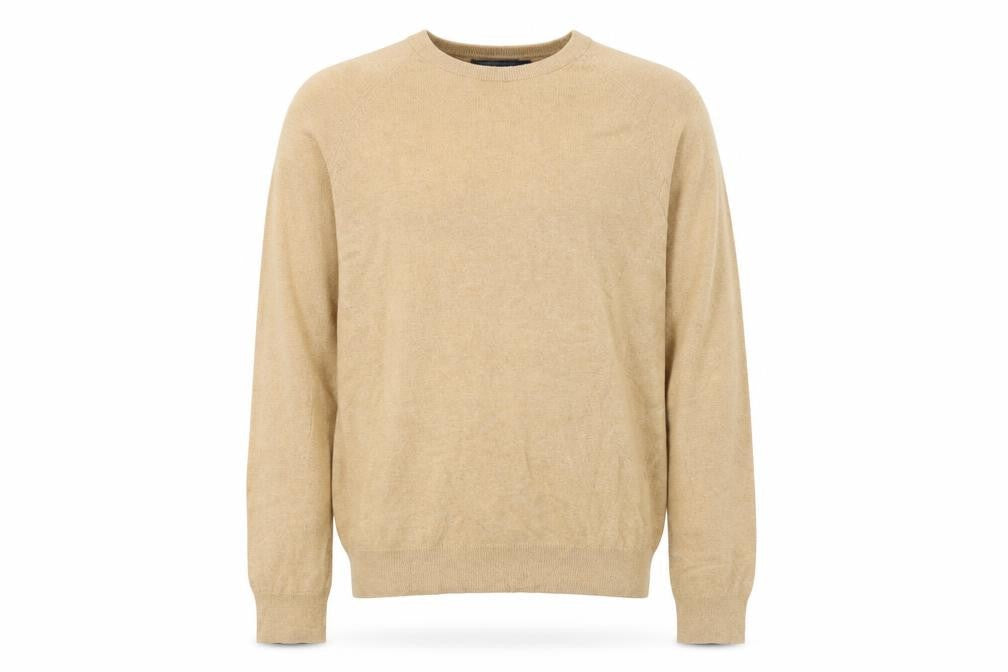Front view of French Connection men’s brown collared cotton jumper, size M, long sleeve
