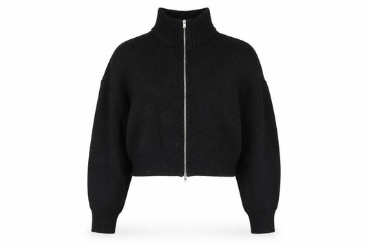 Front view of Divided by H&M women’s black high neck acrylic full zip jumper, size L, - cropped