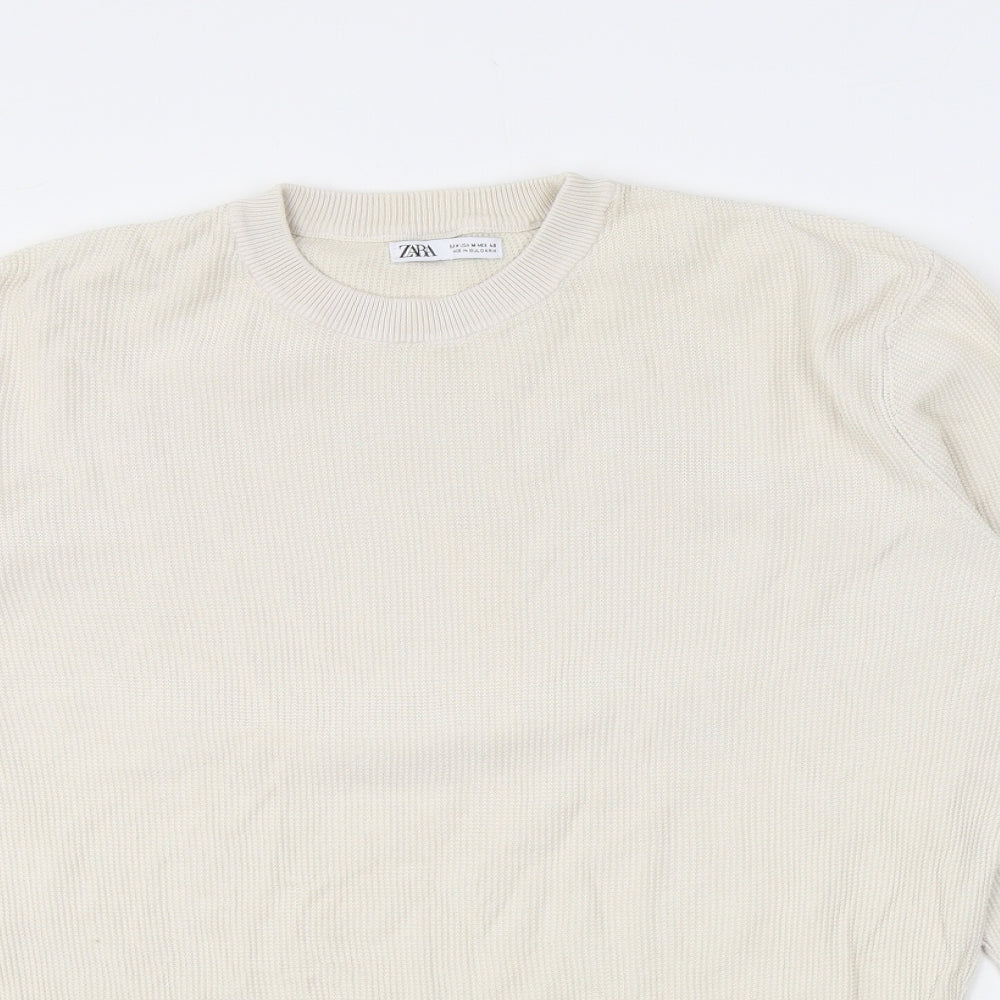 Zara Mens Beige Crew Neck Cotton Pullover Jumper Size M Long Sleeve