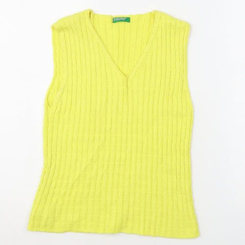 United Colors of Benetton Womens Yellow V-Neck Cotton Vest Jumper Size M Pullover