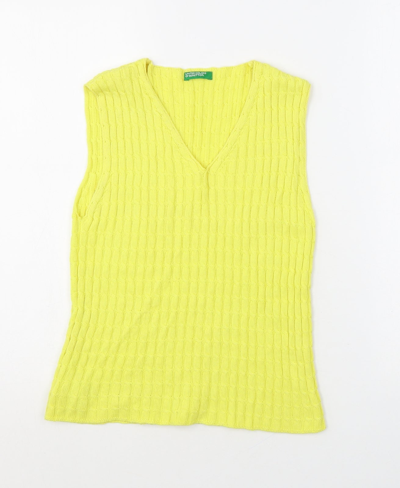 United Colors of Benetton Womens Yellow V-Neck Cotton Vest Jumper Size M Pullover
