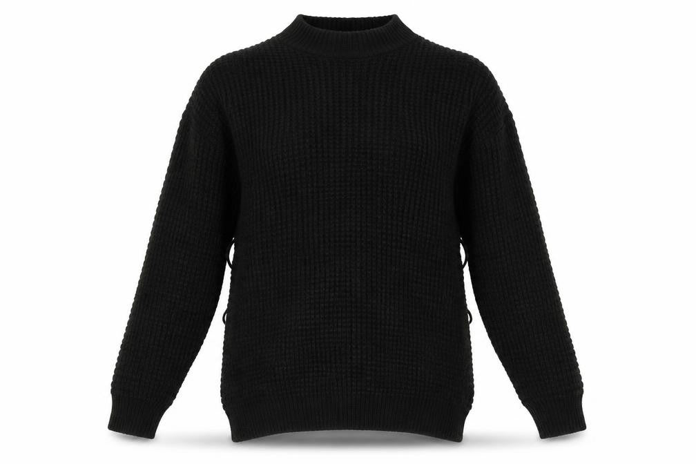 Front view of PRETTYLITTLETHING women’s black round neck acrylic jumper, size UK 12