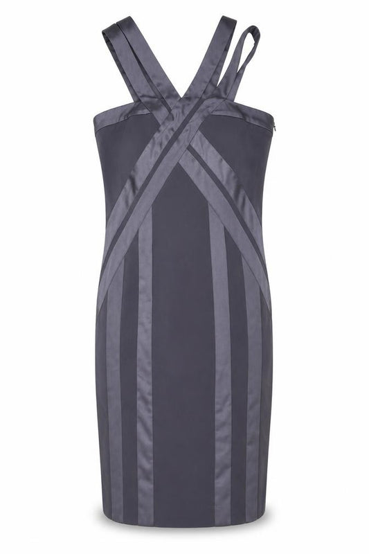 Front view of Debut women’s silver polyester sheath, size UK 8, v-neck zip