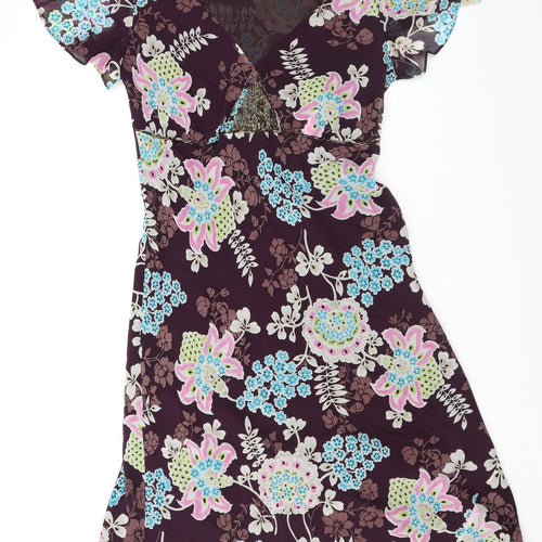 Planet Womens Purple Floral Silk A-Line Size 14 V-Neck Pullover