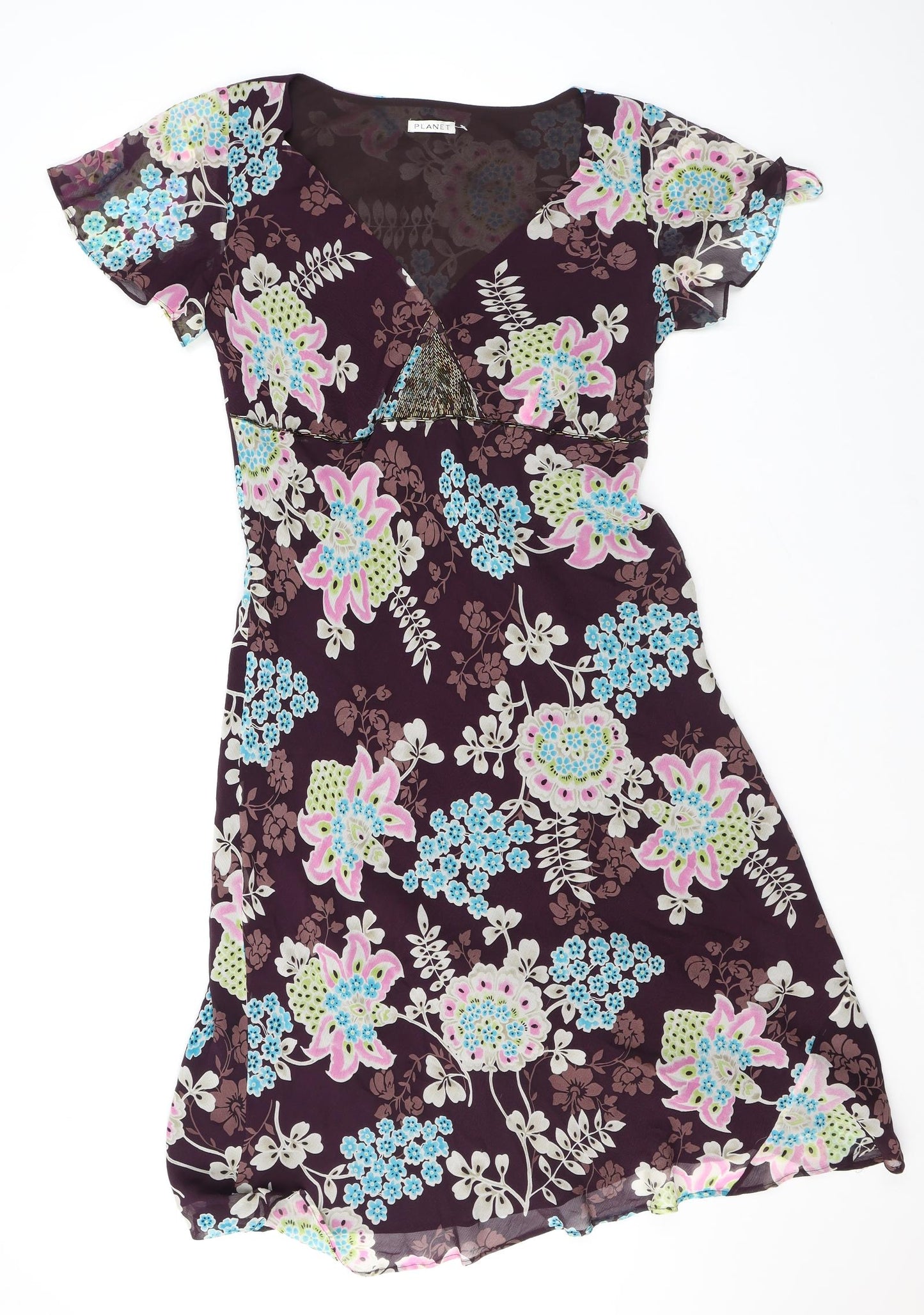 Planet Womens Purple Floral Silk A-Line Size 14 V-Neck Pullover