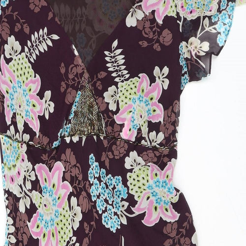 Planet Womens Purple Floral Silk A-Line Size 14 V-Neck Pullover