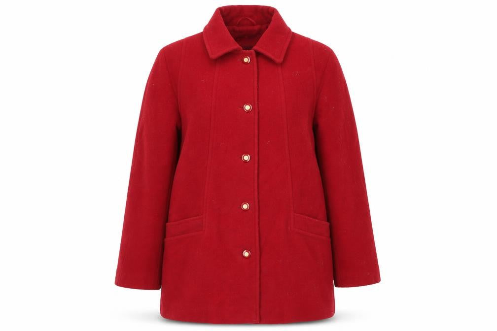Front view of David Barry women’s red overcoat coat, size UK 16, button