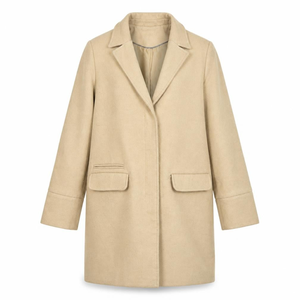 Front view of Topshop women’s beige overcoat coat, size UK 10, zip