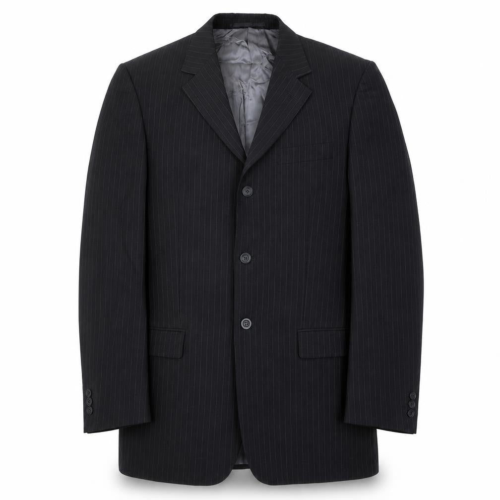 Front view of Tom English men’s black striped wool jacket suit jacket, size 40, regular