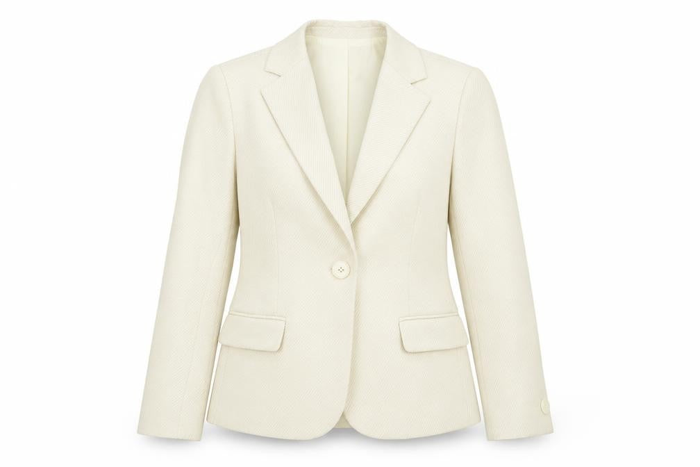 Front view of Givo Donna women’s beige striped polyester blend jacket blazer, size UK 6