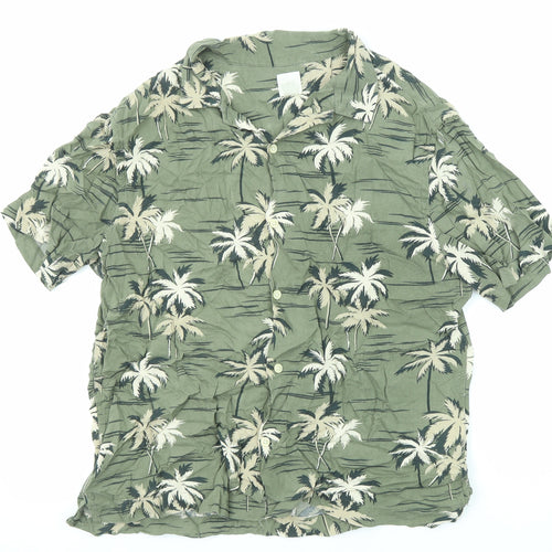 H&M Womens Green Geometric Viscose Basic Button-Up Size S Collared - Palm Print