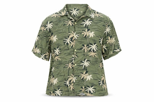 Front view of H&M women’s green geometric viscose basic button-up, size S, collared - palm print