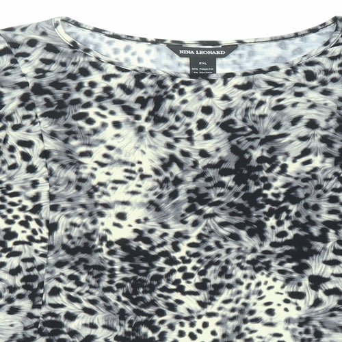 Nina Leonard Womens Multicoloured Animal Print Polyester Basic T-Shirt Size 2XL Boat Neck