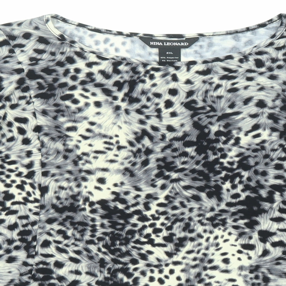 Nina Leonard Womens Multicoloured Animal Print Polyester Basic T-Shirt Size 2XL Boat Neck
