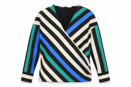 Front view of Mark Heyes women’s multicoloured striped polyester basic blouse, size UK 12, v-neck - wrap front detail