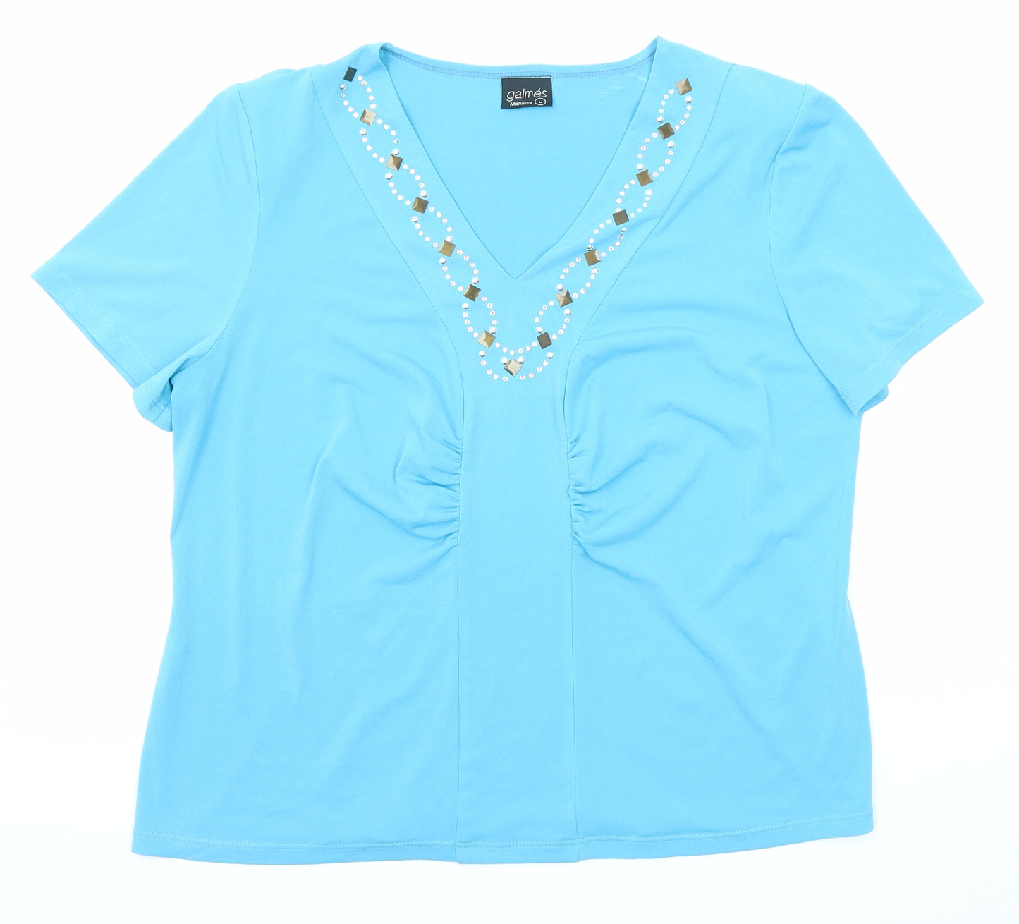 Galmes Womens Blue Polyamide Basic T-Shirt Size L V-Neck