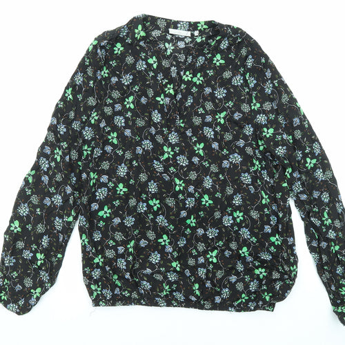 Kaffle Womens Black Floral Viscose Basic Blouse Size 8 V-Neck