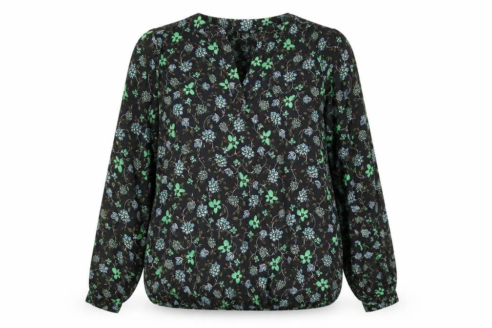 Front view of Kaffle women’s black floral viscose basic blouse, size UK 8, v-neck