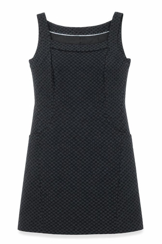 Front view of Next women’s black geometric polyester shift, size UK 10, square neck zip