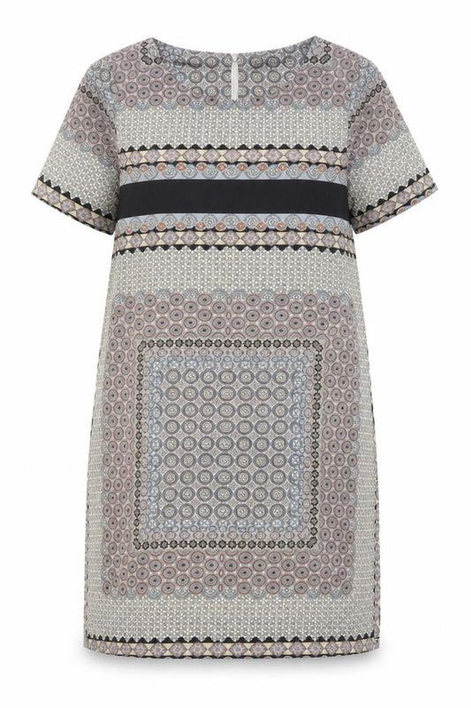 Front view of New Look women’s multicoloured geometric polyester shift, size UK 12, round neck zip