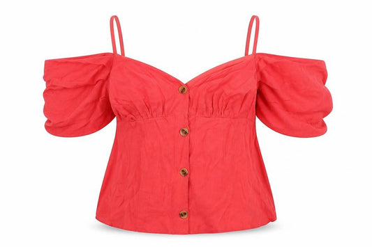 Front view of Topshop women’s red polyester basic button-up, size 4XL, off the shoulder